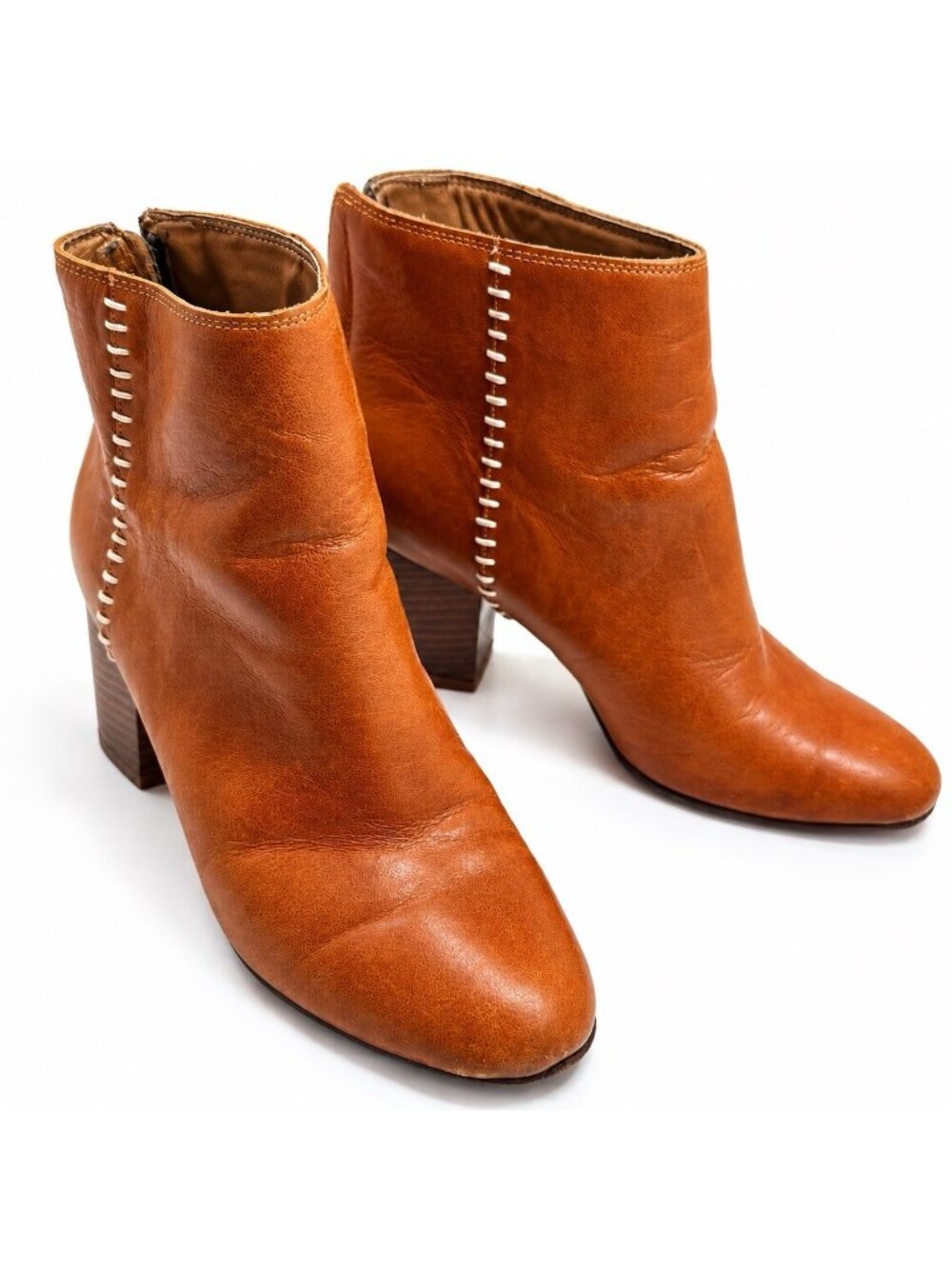 Ulla Johnson Cognac Leather Whipstitch Ankle Boots 6 36 Block Heel Boho 70s